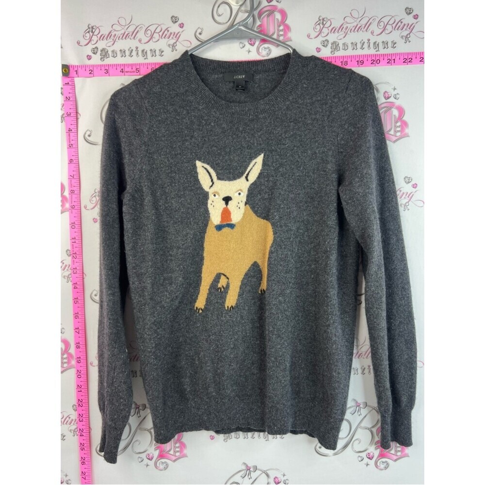 J. Crew sweater bulldog rabbit hair wool Gray Knit Sweater with Tan Dog Intarsia